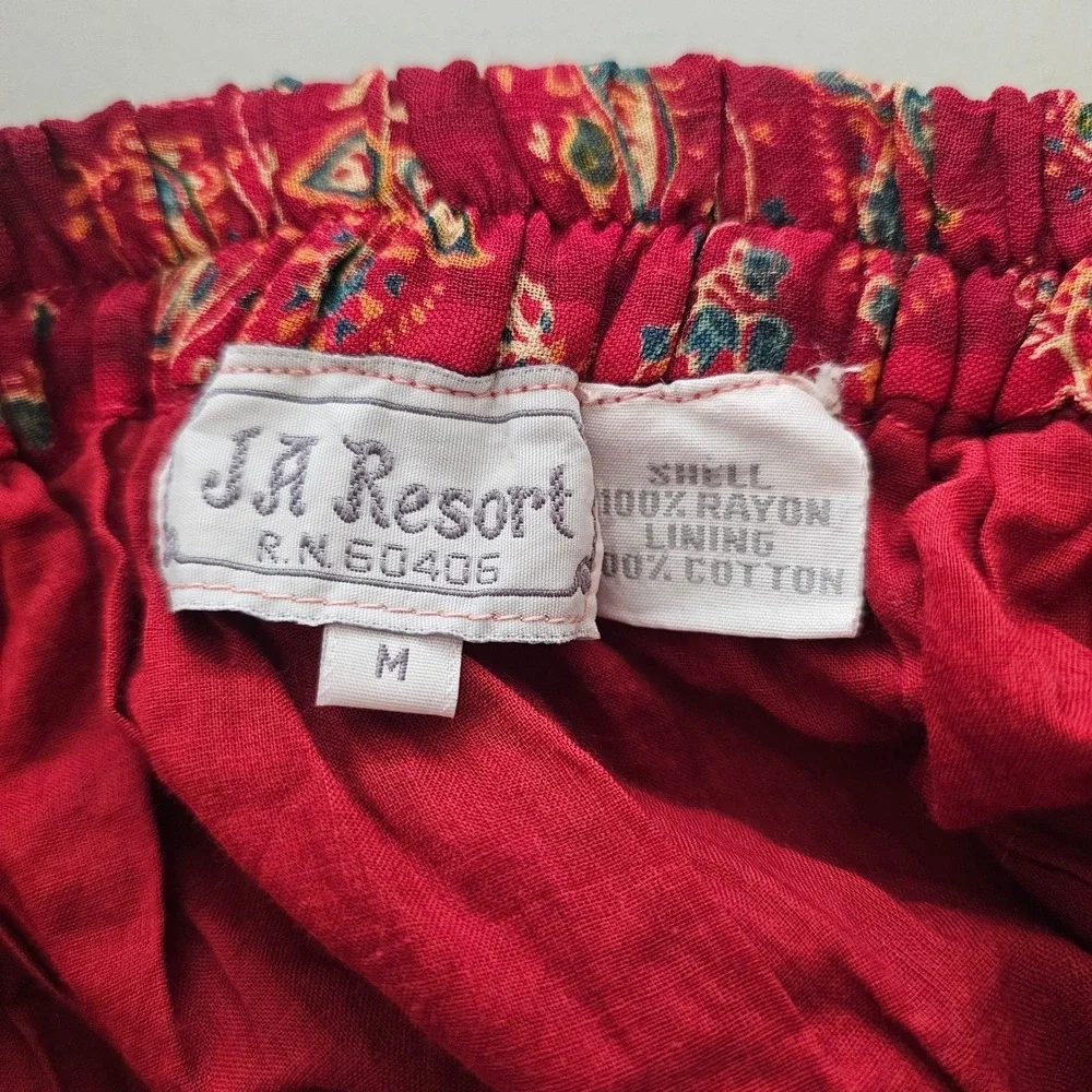 VTG Crinkle Rayon Midi Skirt Medium Red Paisley Boho Flowy Witchy Forest Fairy